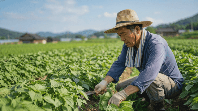 Farmer harvesting crops in field