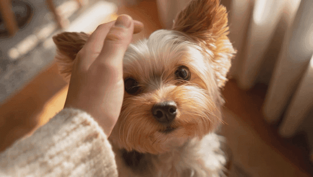 A puppy being gently petted indoors