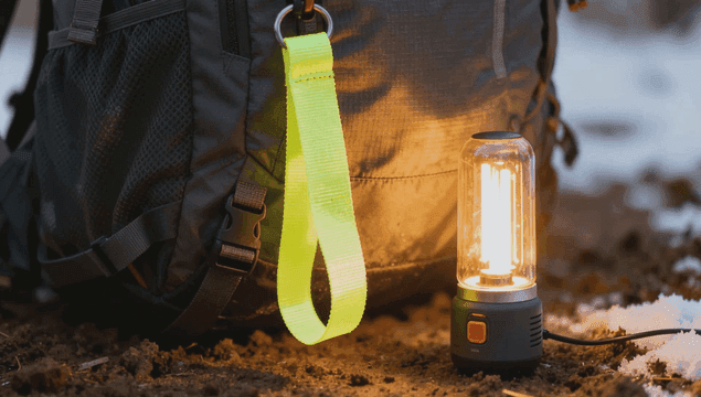 Backpack and lantern on snowy ground