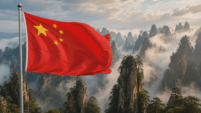 Majestic mountain scenery with Chinese flag