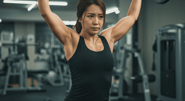 헬스장에서 바벨을 드는 여성