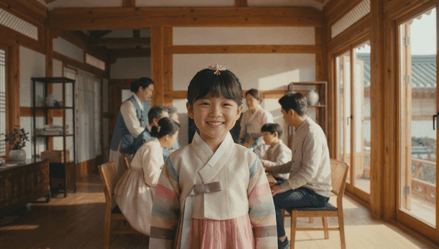 Girl wearing hanbok at family gathering in traditional Korean house