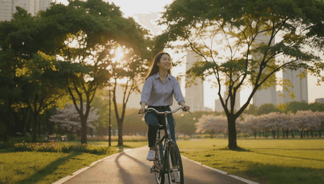 공원에서 자전거를 타는 행복한 여인