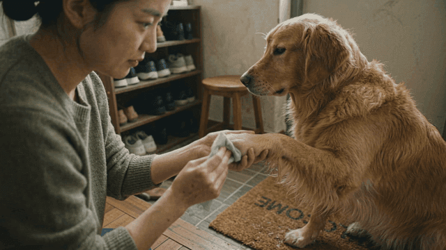 Woman wiping dog's paws at front door
