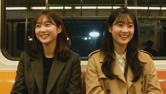 Young twin girls smiling in a subway train