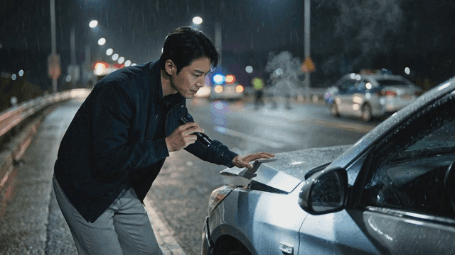 Man inspecting damaged car on rainy night road
