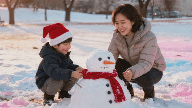 겨울에 눈사람을 만드는 엄마와 아이