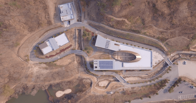 Modern buildings surrounded by nature
