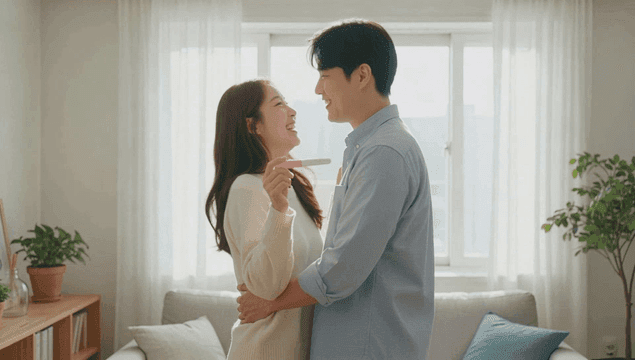 임신 테스트 결과를 축하하는 부부