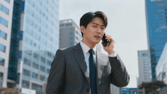 도시 빌딩 사이를 걸어가며 전화하는 직장인