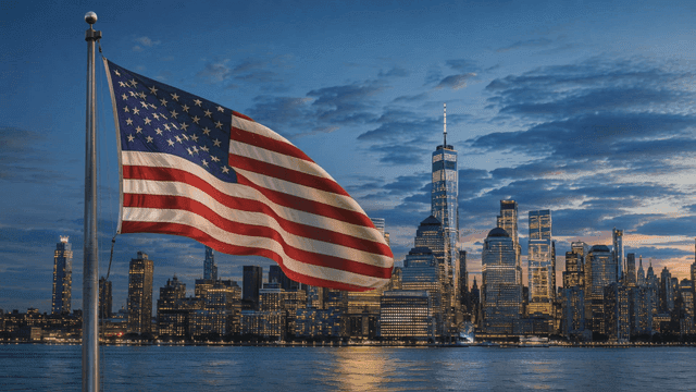 American flag waving with city skyline