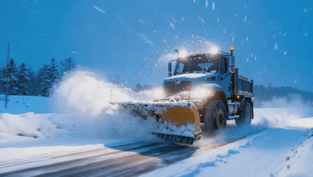 Snowplow clearing a snowy road at night