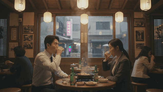 퇴근 후 아늑한 식당에서 전골에 소주 마시는 커플