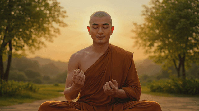 Monk meditating in nature