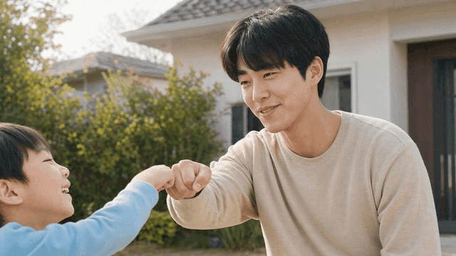 Father and son exchanging fist bump