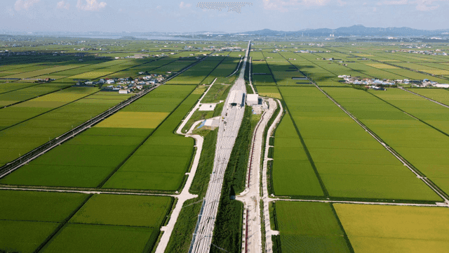 Expansive farmland with railway tracks