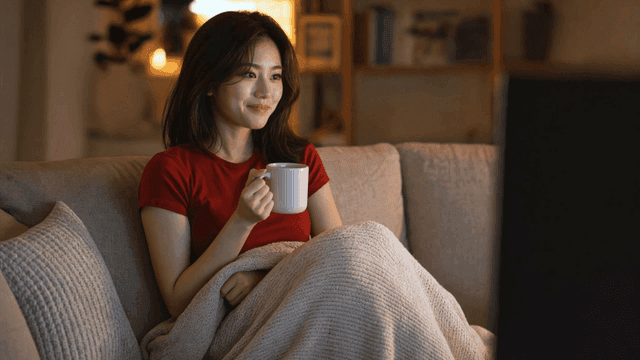 Woman relaxing on sofa covered with blanket and holding mug.
