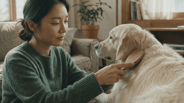 Woman brushing Golden Retriever in her living room