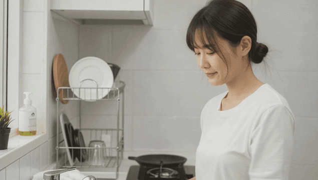 부엌에서 행주로 손을 닦는 젊은 여성