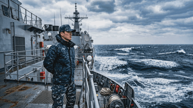 Naval officer standing on warship on rough sea