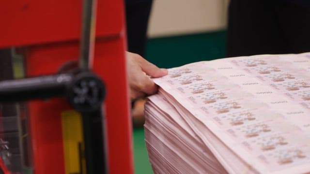 Hands examining printed paper sheets with money in factory