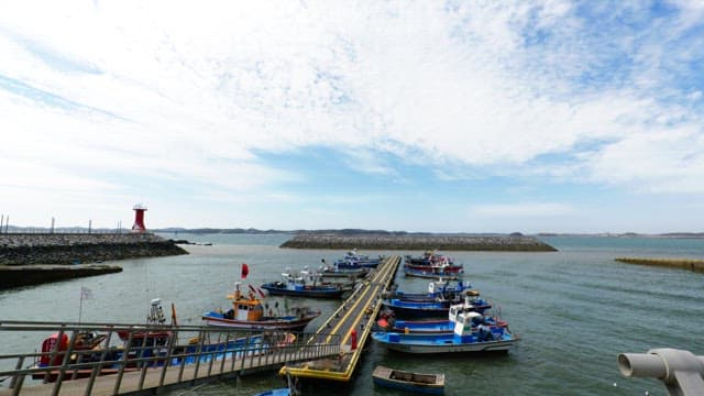 fishing boats docked at harbor under partly cloudy sky