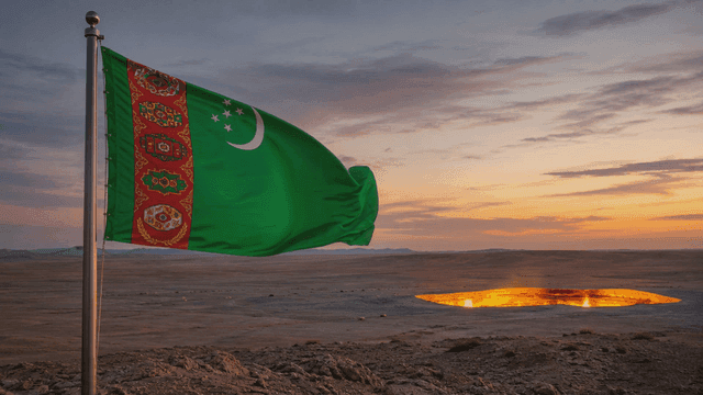 Turkmenistan flag near burning crater at sunset