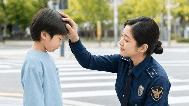 Police officer comforting child at crosswalk
