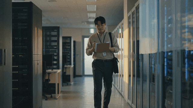 Man working in a server room with a clipboard