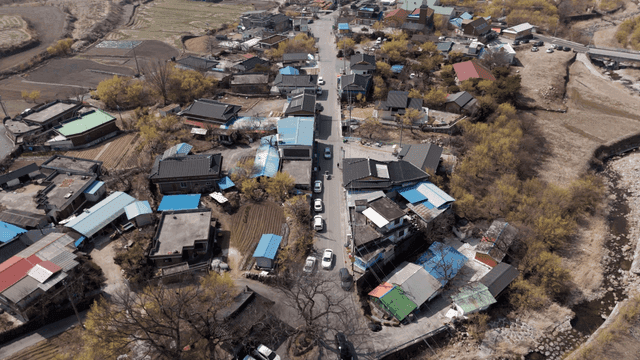 Rural village with surrounding fields