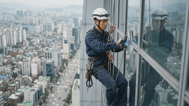 Worker cleaning windows in high-rise building