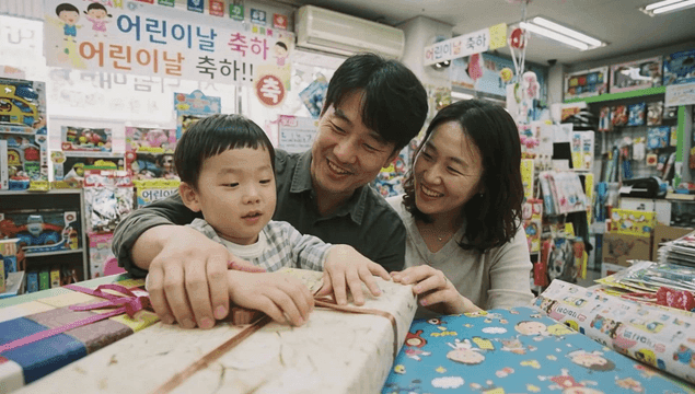 Family celebrating Children's Day in a toy store