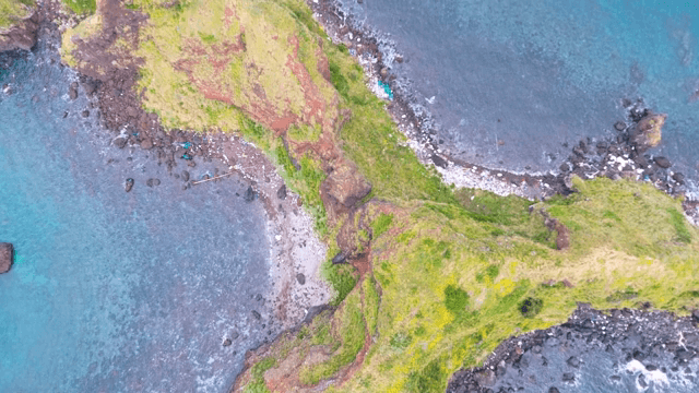 Aerial view of a rocky coastline with clear waters