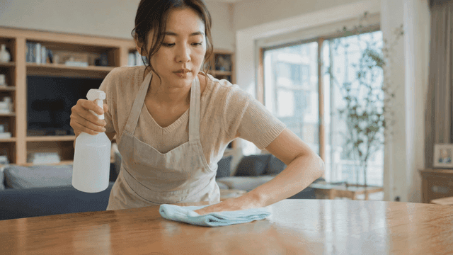 Woman spraying and wiping table with dishcloth