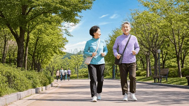 Elderly couple enjoying a walk in the park