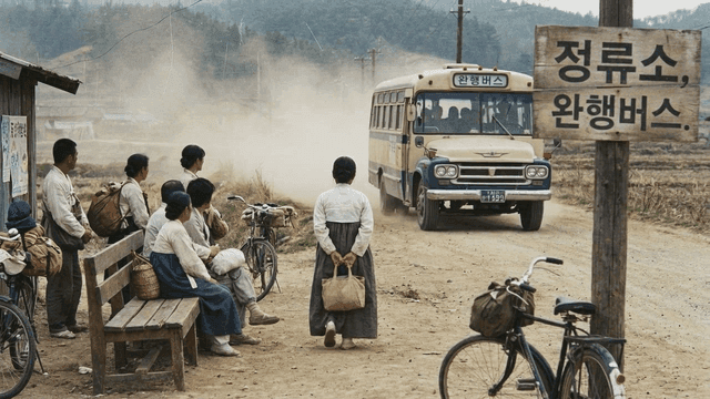 People waiting at rural bus stop in 70s