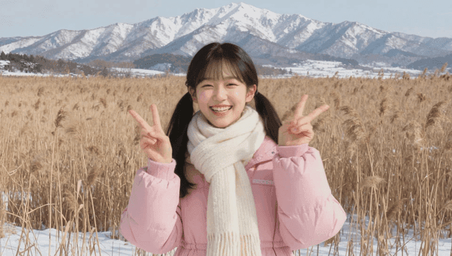 눈 덮인 들판에서 웃고 있는 소녀