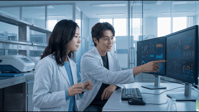 Scientists analyzing data on a computer
