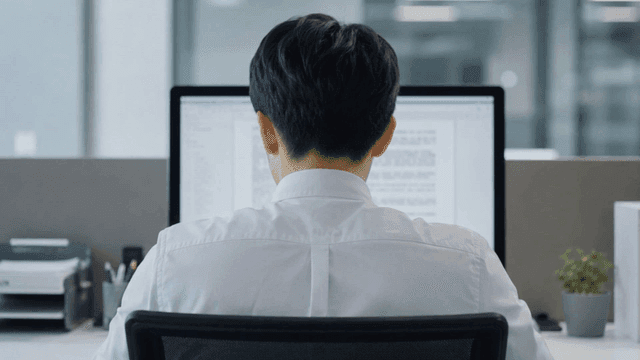 Back view of office worker concentrating on computer screen