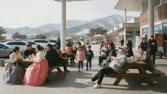 People wearing hanbok at holiday rest area