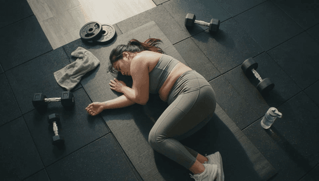 Fat woman resting on gym mat