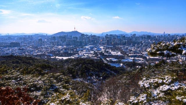 Snowy day cityscape view from a high point