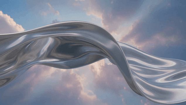 Flowing metallic fabric against a cloudy sky