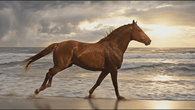 Horses running along beach and sunrise