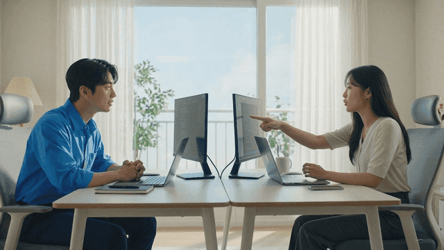Two people having a meeting in a bright office
