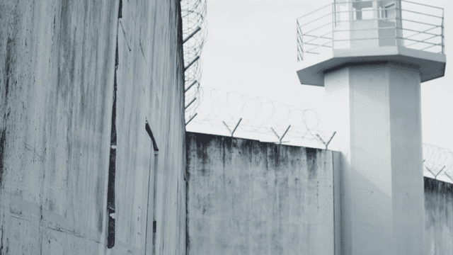 Prison wall with barbed wire and tower