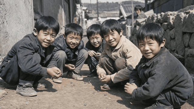 Children playing marbles in village alley in 70s