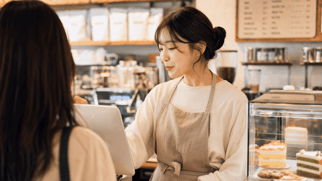 고객을 응대하며 미소 짓는 카페 종업원