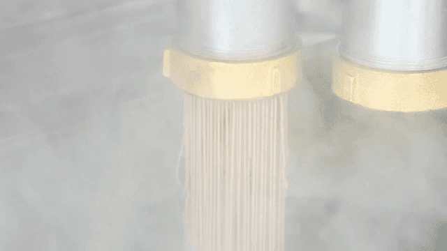 Noodles being extruded from a machine