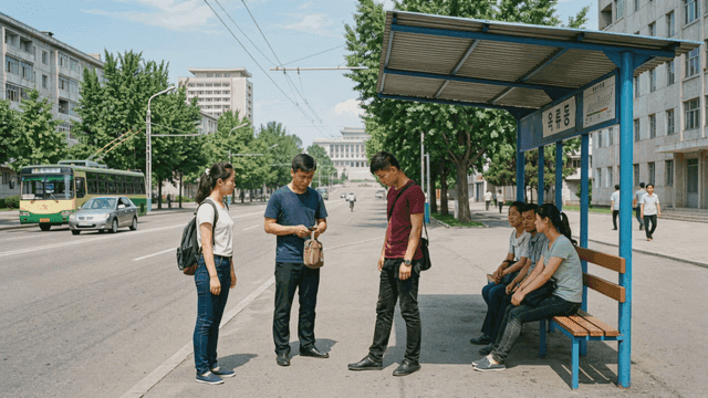 People waiting at a bus stop in the city